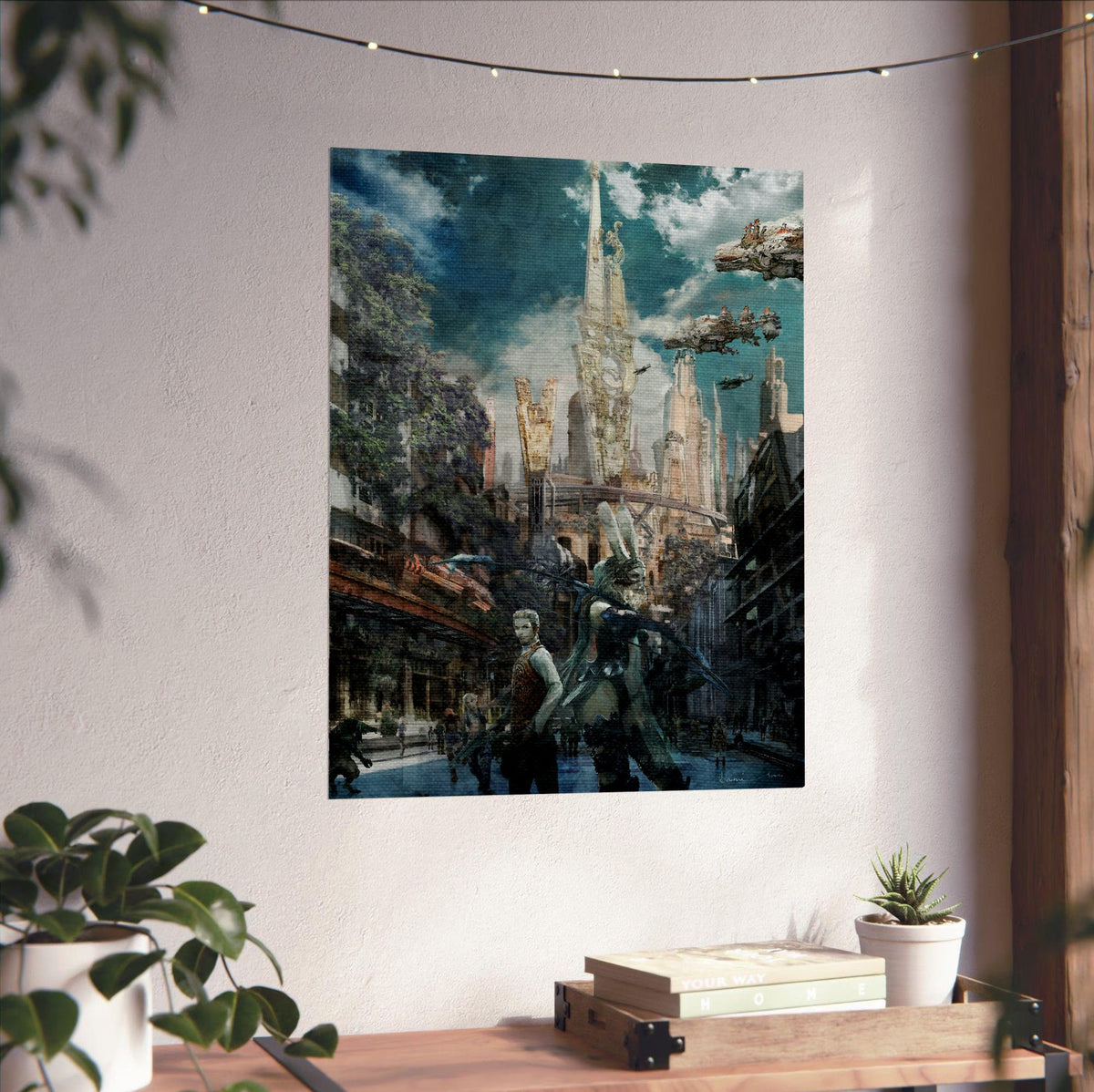 Final Fantasy XII Fran and Balthier Art poster unframed on a white wall above a desk