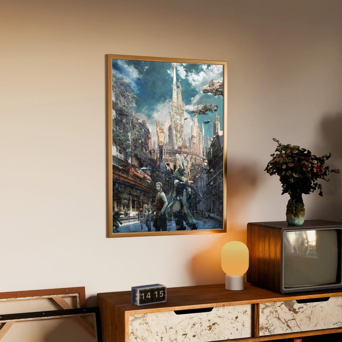 Final Fantasy XII Fran and Balthier Art poster in an oak frame above a sideboard