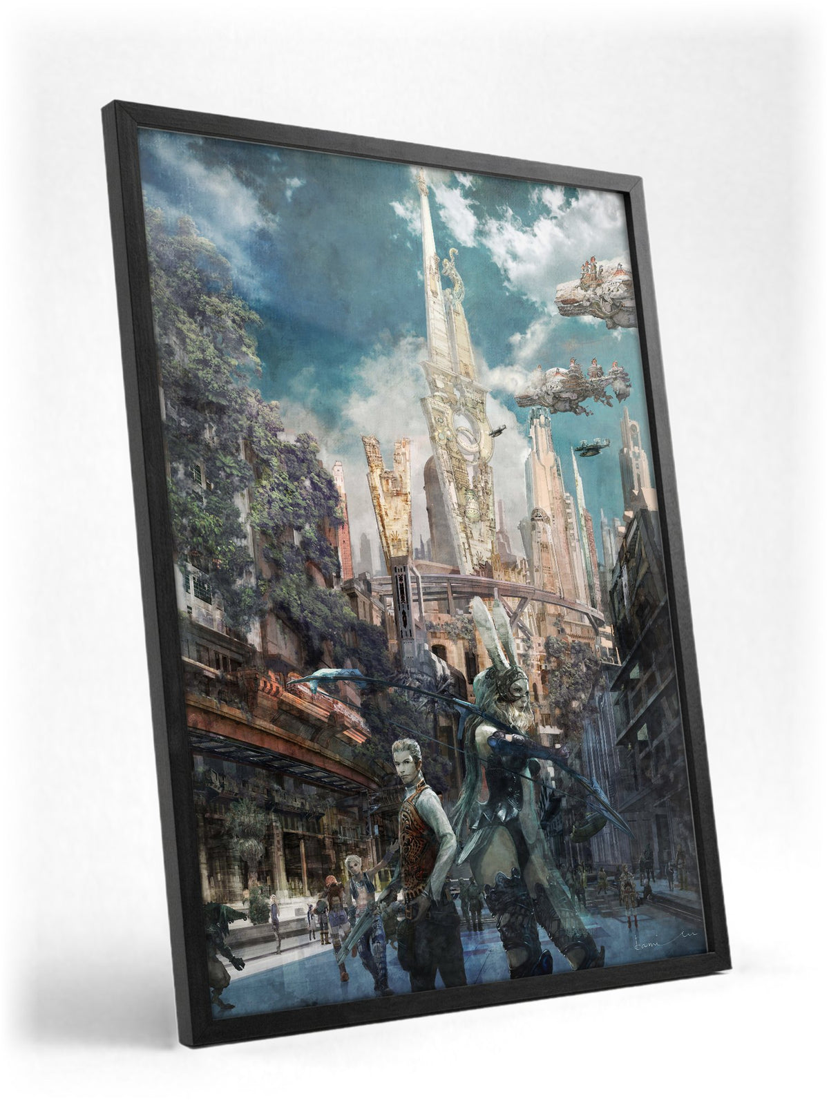 Final Fantasy XII Fran and Balthier Art poster in a black frame with glass leaning against a wall
