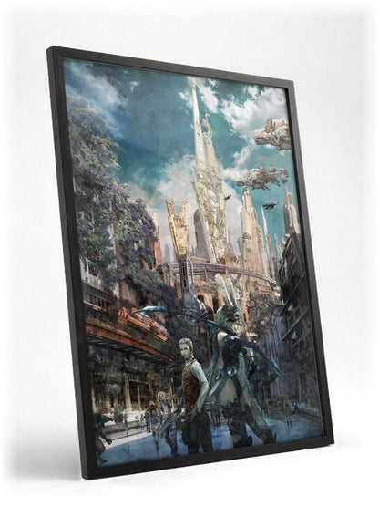 Final Fantasy XII Fran and Balthier Art poster in a black frame with glass leaning against a wall