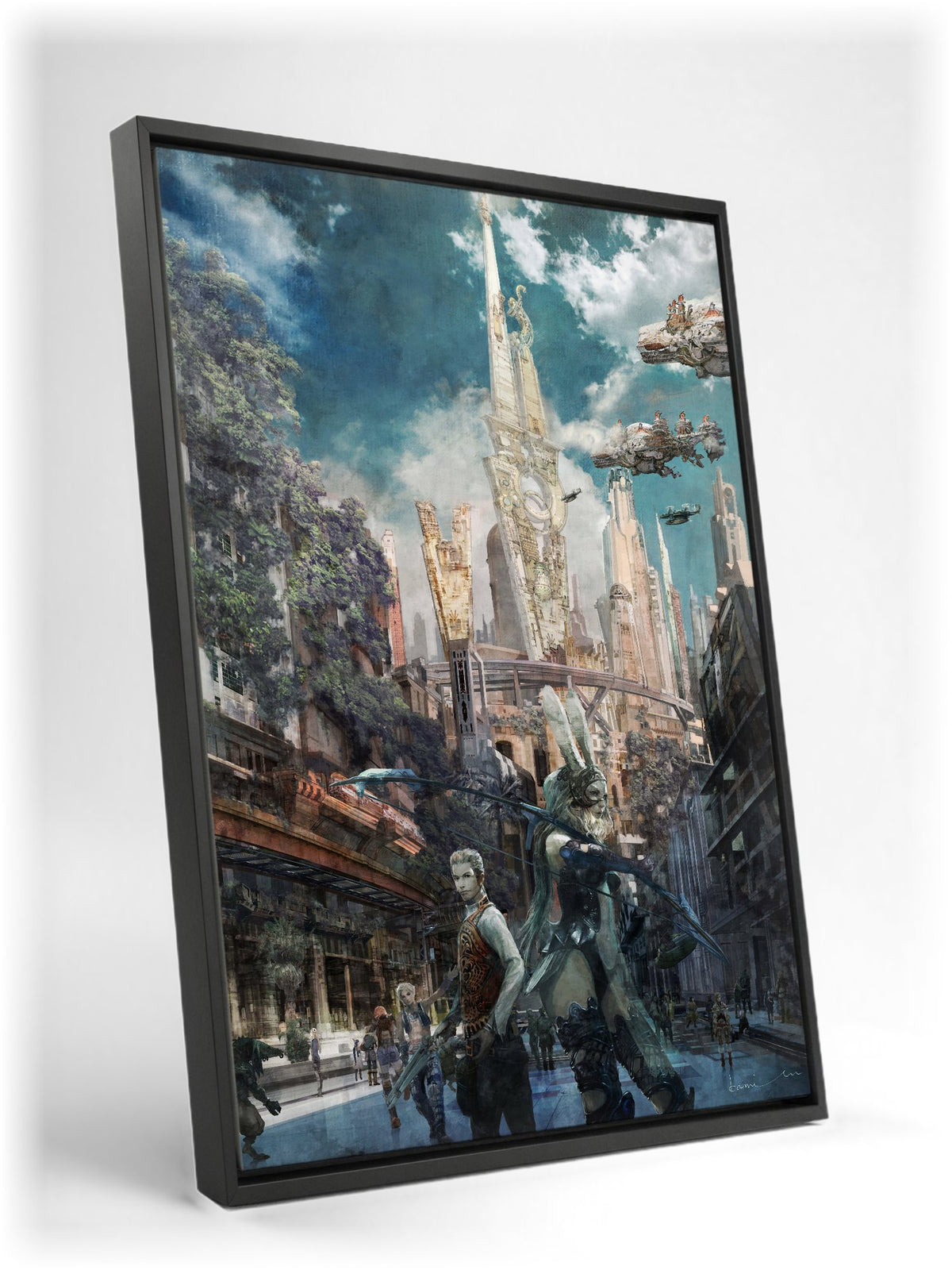 Final Fantasy XII Fran and Balthier Art as a black floater framed canvas leaning against a wall