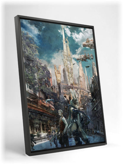 Final Fantasy XII Fran and Balthier Art as a black floater framed canvas leaning against a wall