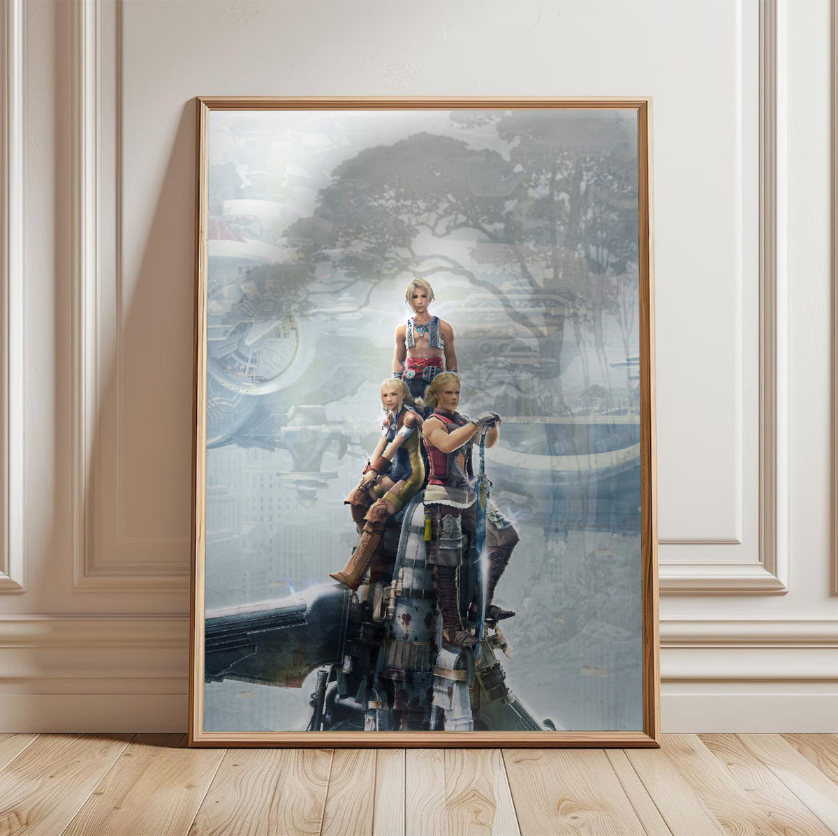 Final Fantasy XII Vaan Basch and Penelo poster in a light oak frame leaning against a white wall