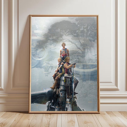 Final Fantasy XII Vaan Basch and Penelo poster in a light oak frame leaning against a white wall