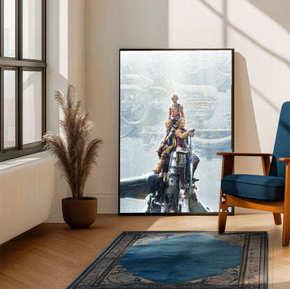 Final Fantasy XII Vaan Basch and Penelo poster framed beside a blue armchair in a sunlit room