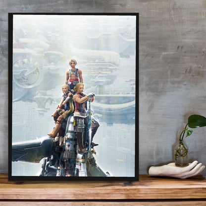 Final Fantasy XII Vaan Basch and Penelo poster in a black frame on a wooden shelf against concrete