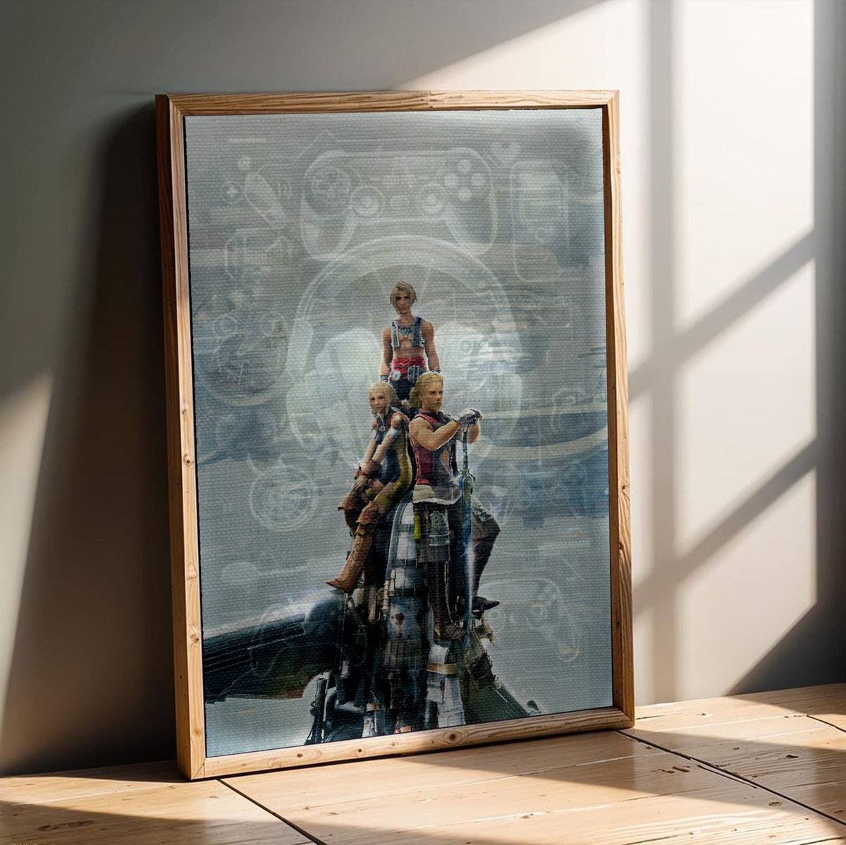 Final Fantasy XII Vaan Basch and Penelo poster in an oak frame leaning on a wooden floor