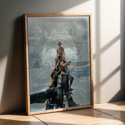 Final Fantasy XII Vaan Basch and Penelo poster in an oak frame leaning on a wooden floor