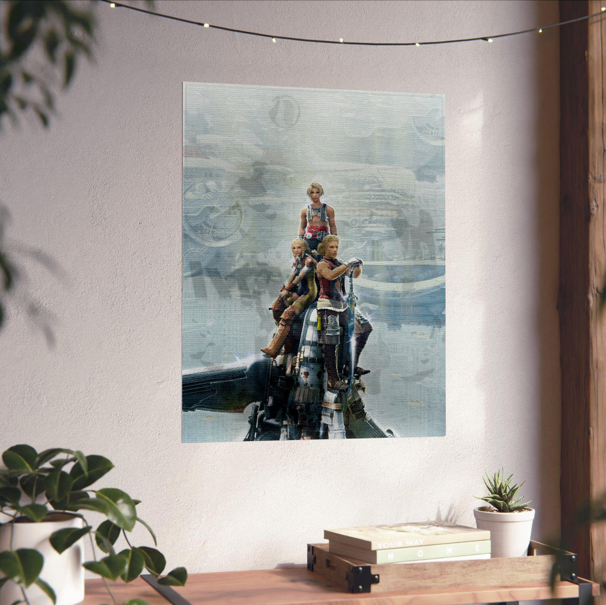 Final Fantasy XII Vaan Basch and Penelo poster unframed on a white wall above a desk