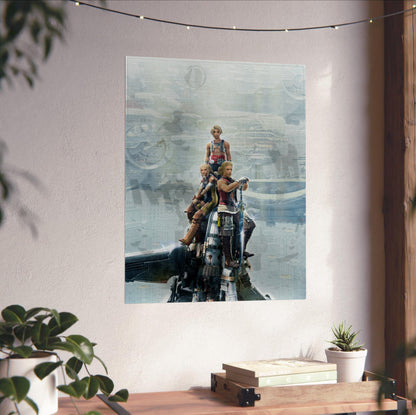 Final Fantasy XII Vaan Basch and Penelo poster unframed on a white wall above a desk