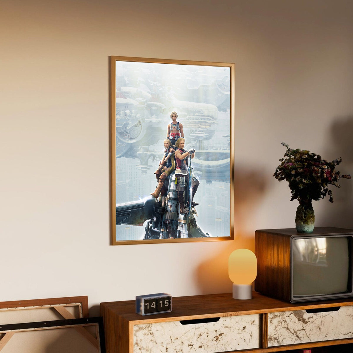 Final Fantasy XII Vaan Basch and Penelo poster in an oak frame above a sideboard