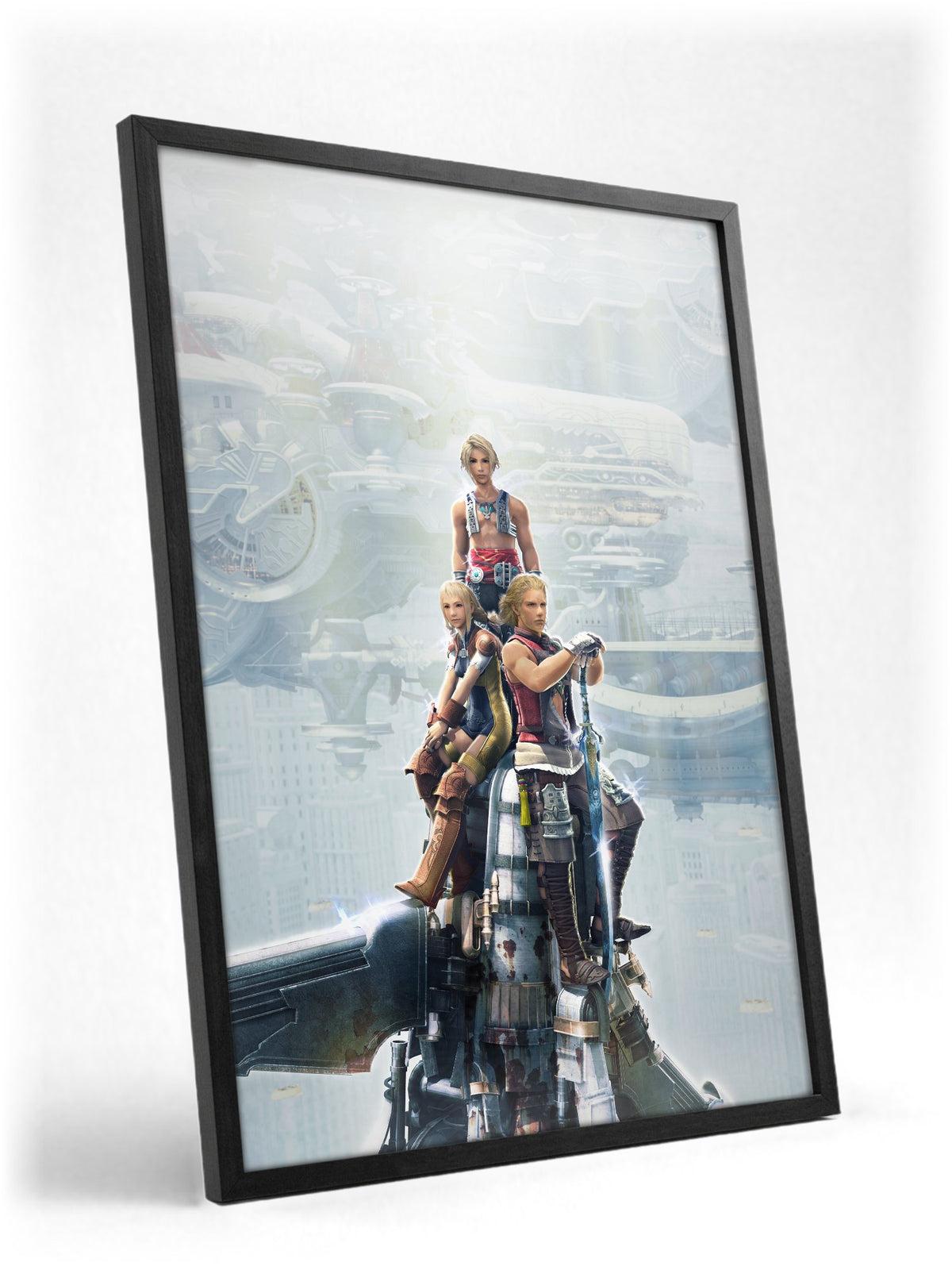 Final Fantasy XII Vaan Basch and Penelo poster in a black frame with glass leaning against a wall