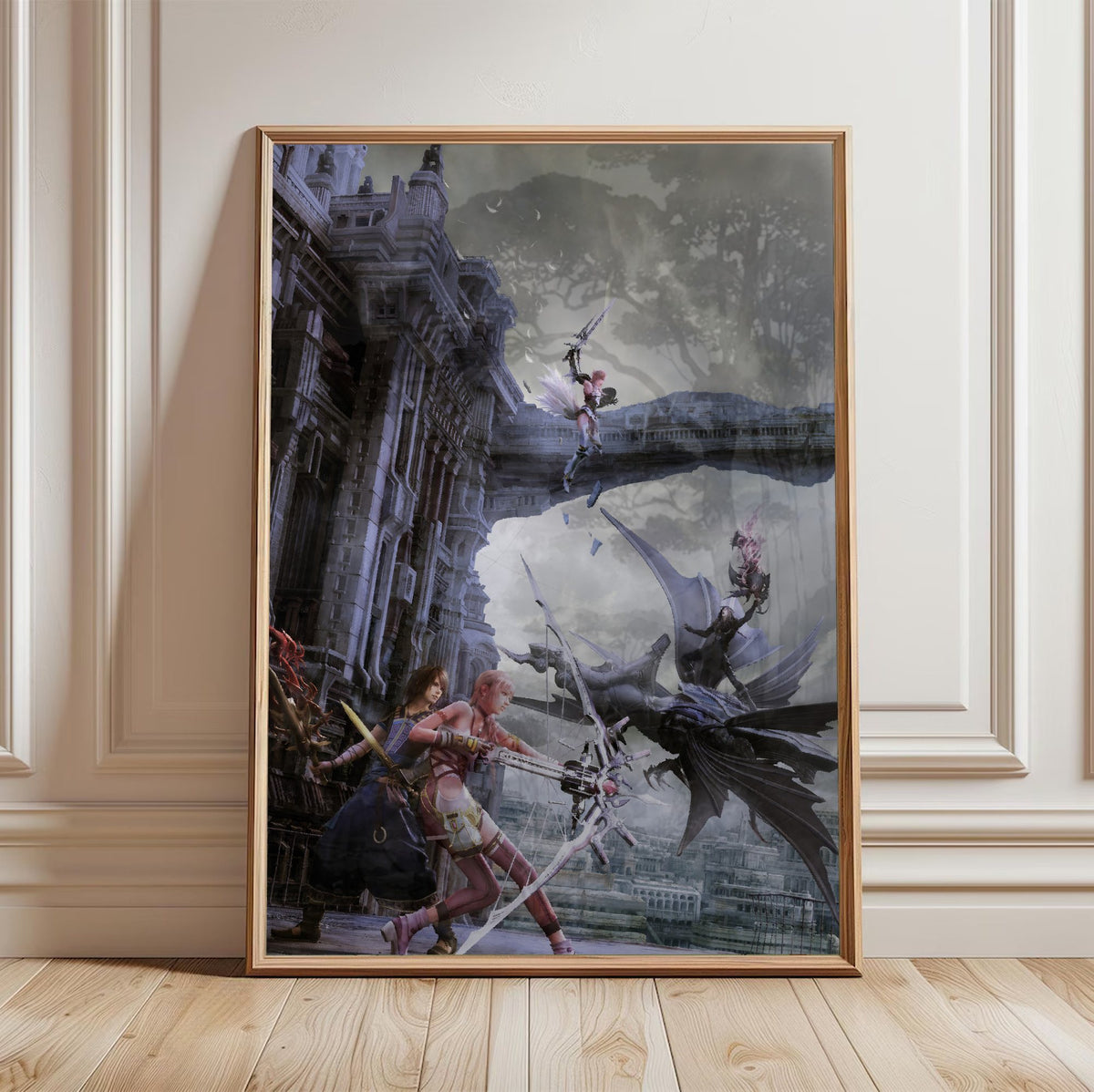 Final Fantasy XIII-2 Promo Art poster in a light oak frame leaning against a white wall