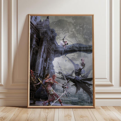 Final Fantasy XIII-2 Promo Art poster in a light oak frame leaning against a white wall