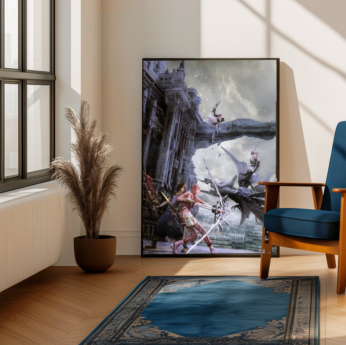 Final Fantasy XIII-2 Promo Art poster framed beside a blue armchair in a sunlit room