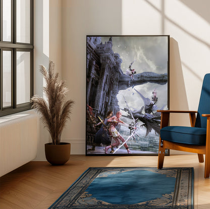 Final Fantasy XIII-2 Promo Art poster framed beside a blue armchair in a sunlit room