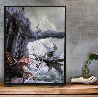 Final Fantasy XIII-2 Promo Art poster in a black frame on a wooden shelf against concrete