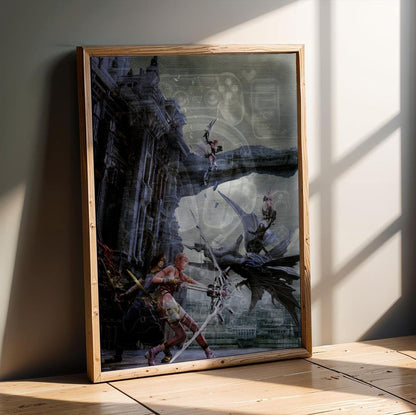 Final Fantasy XIII-2 Promo Art poster in an oak frame leaning on a wooden floor