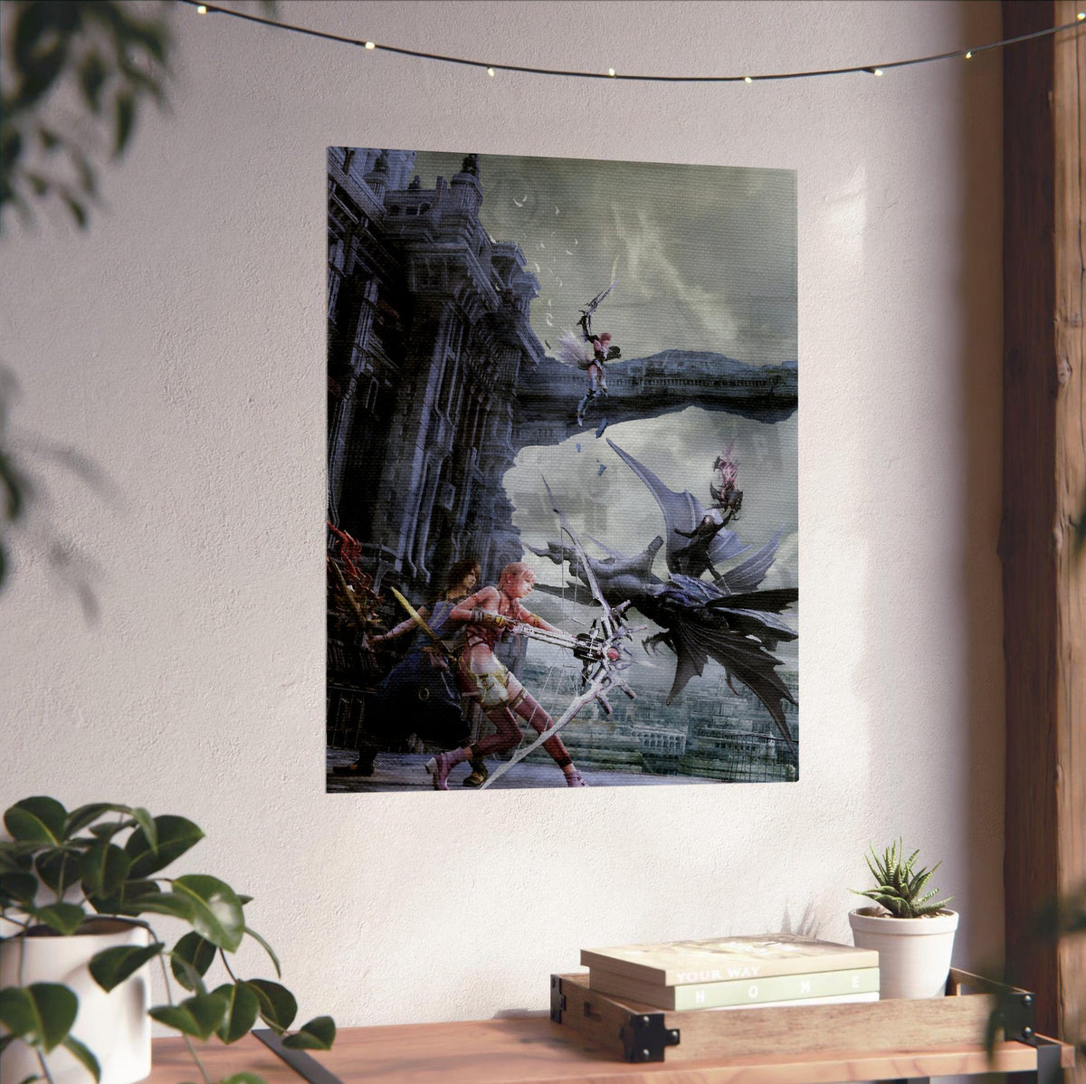 Final Fantasy XIII-2 Promo Art poster unframed on a white wall above a desk