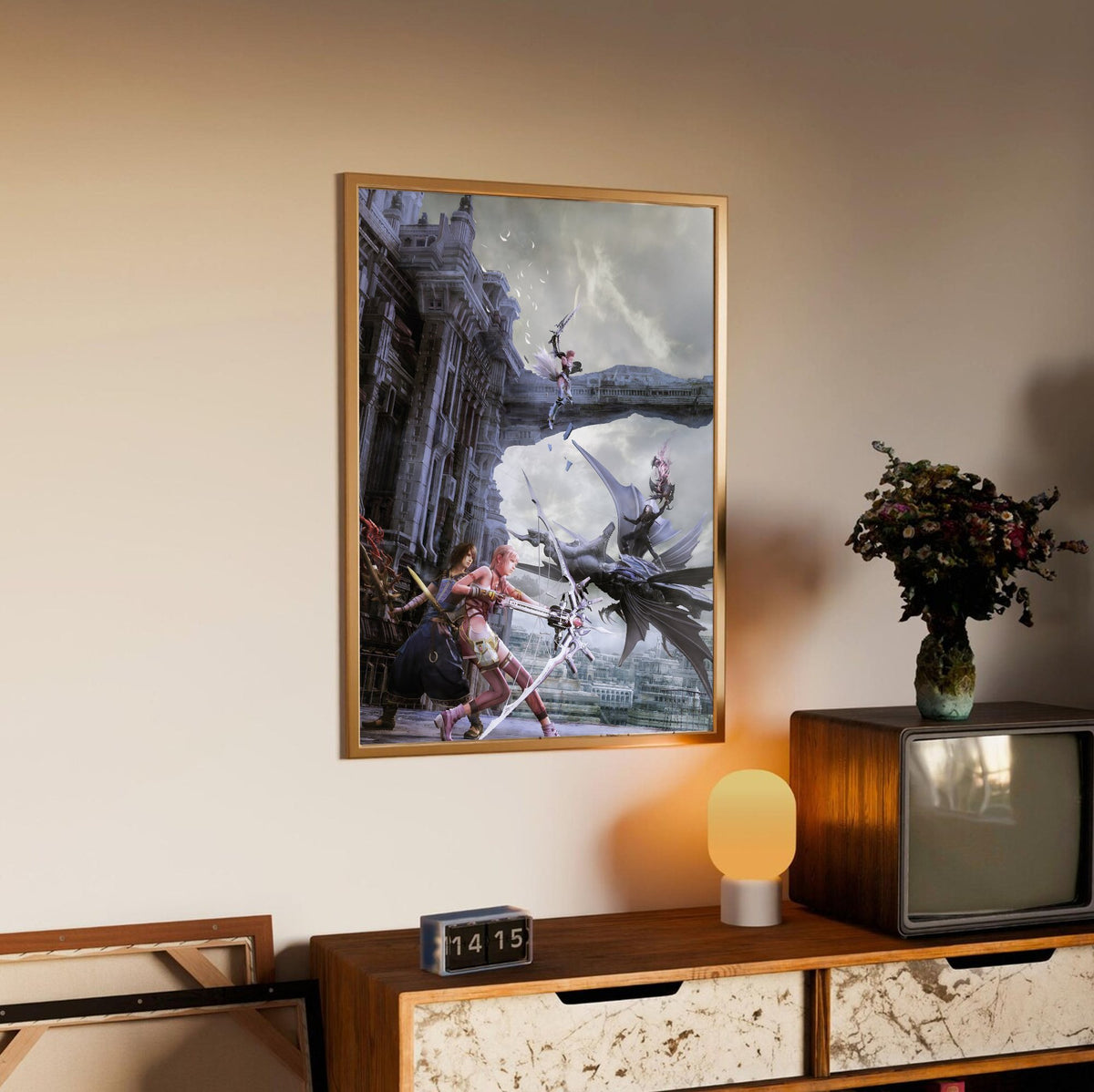Final Fantasy XIII-2 Promo Art poster in an oak frame above a sideboard