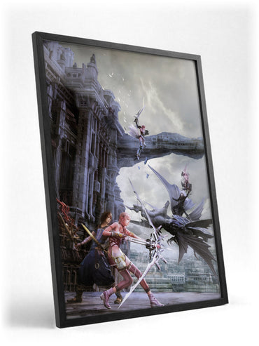 Final Fantasy XIII-2 Promo Art poster in a black frame with glass leaning against a wall