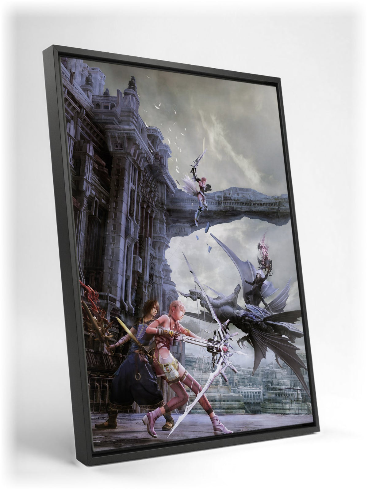 Final Fantasy XIII-2 Promo Art as a black floater framed canvas leaning against a wall