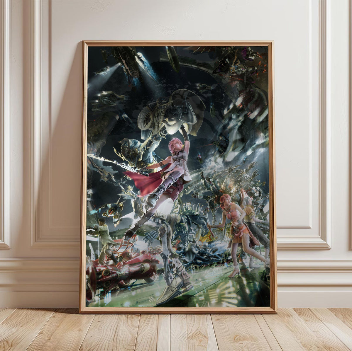 Final Fantasy XIII Eidolons Promo Art poster in a light oak frame leaning against a white wall