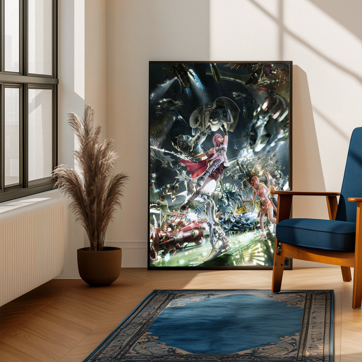 Final Fantasy XIII Eidolons Promo Art poster framed beside a blue armchair in a sunlit room