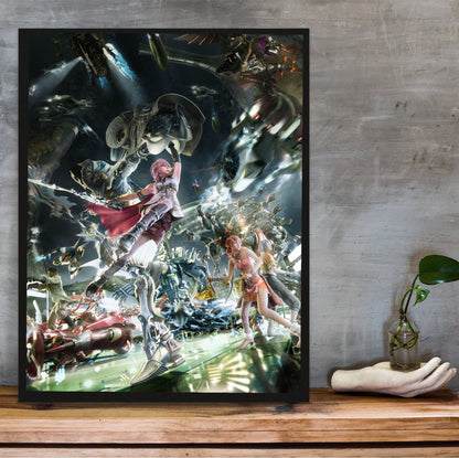 Final Fantasy XIII Eidolons Promo Art poster in a black frame on a wooden shelf against concrete