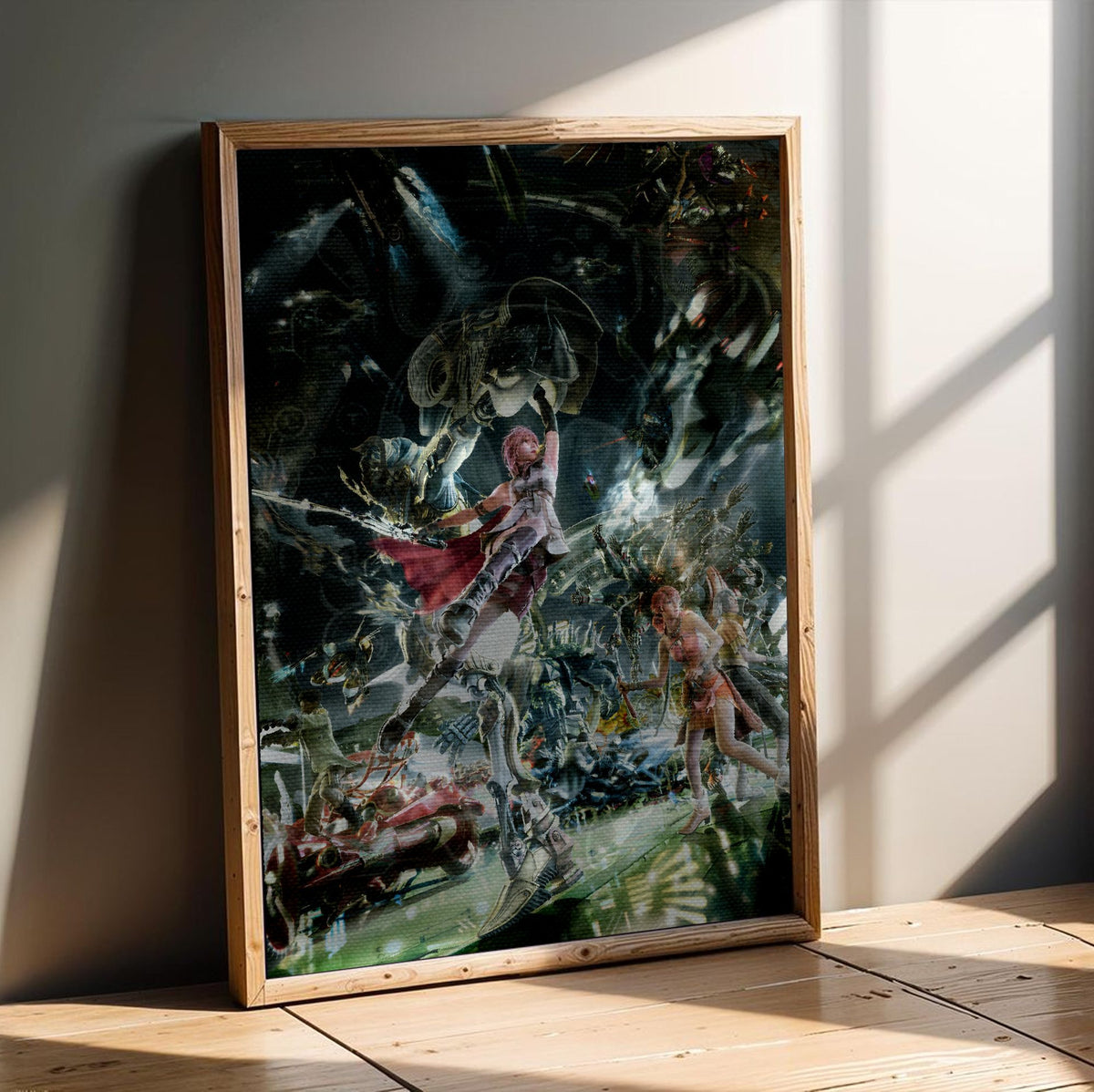 Final Fantasy XIII Eidolons Promo Art poster in an oak frame leaning on a wooden floor