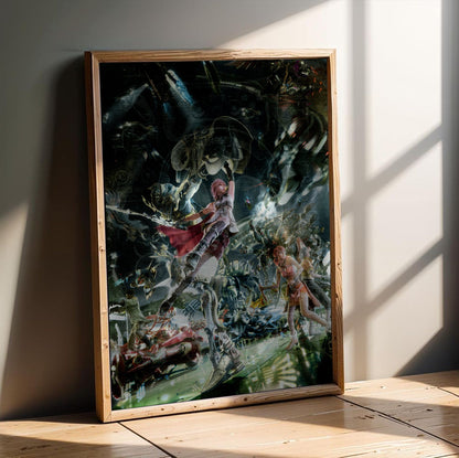 Final Fantasy XIII Eidolons Promo Art poster in an oak frame leaning on a wooden floor
