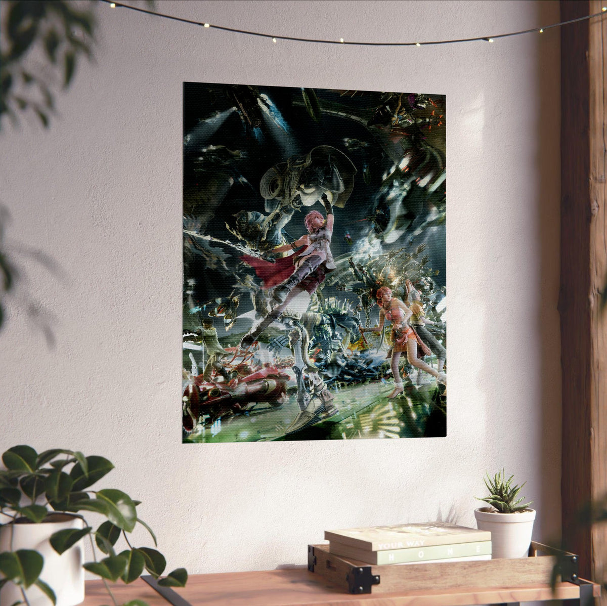 Final Fantasy XIII Eidolons Promo Art poster unframed on a white wall above a desk