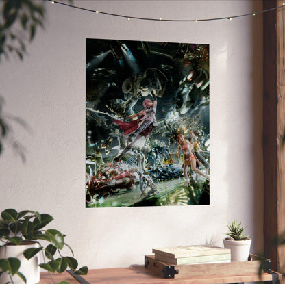 Final Fantasy XIII Eidolons Promo Art poster unframed on a white wall above a desk