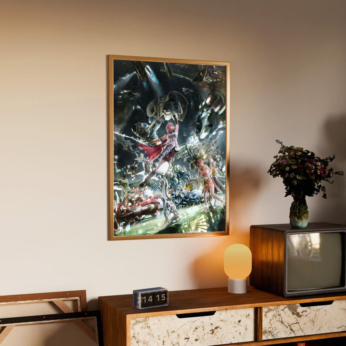 Final Fantasy XIII Eidolons Promo Art poster in an oak frame above a sideboard