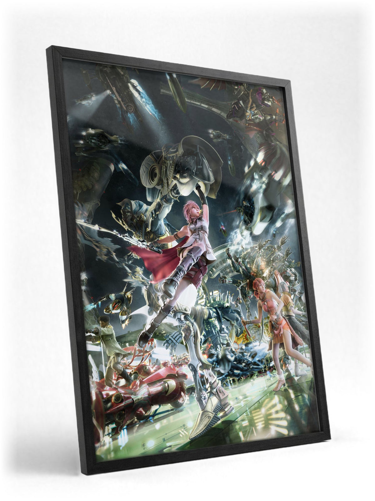 Final Fantasy XIII Eidolons Promo Art poster in a black frame with glass leaning against a wall