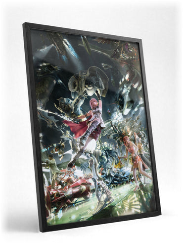 Final Fantasy XIII Eidolons Promo Art poster in a black frame with glass leaning against a wall