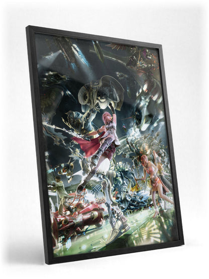 Final Fantasy XIII Eidolons Promo Art poster in a black frame with glass leaning against a wall