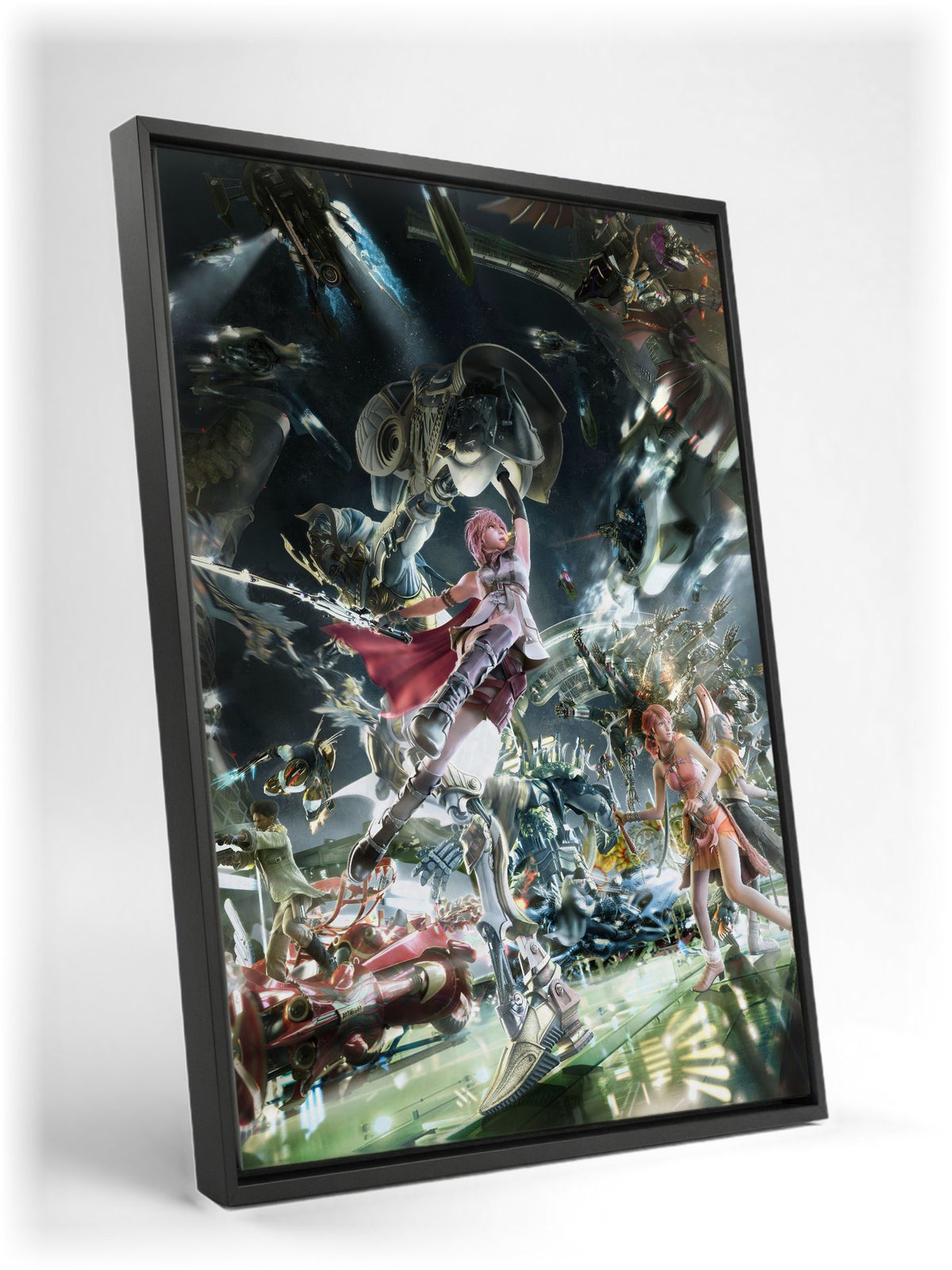 Final Fantasy XIII Eidolons Promo Art as a black floater framed canvas leaning against a wall
