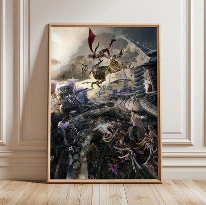Final Fantasy XIII Lightning and Odin poster in a light oak frame leaning against a white wall