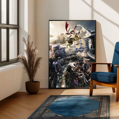 Final Fantasy XIII Lightning and Odin poster framed beside a blue armchair in a sunlit room