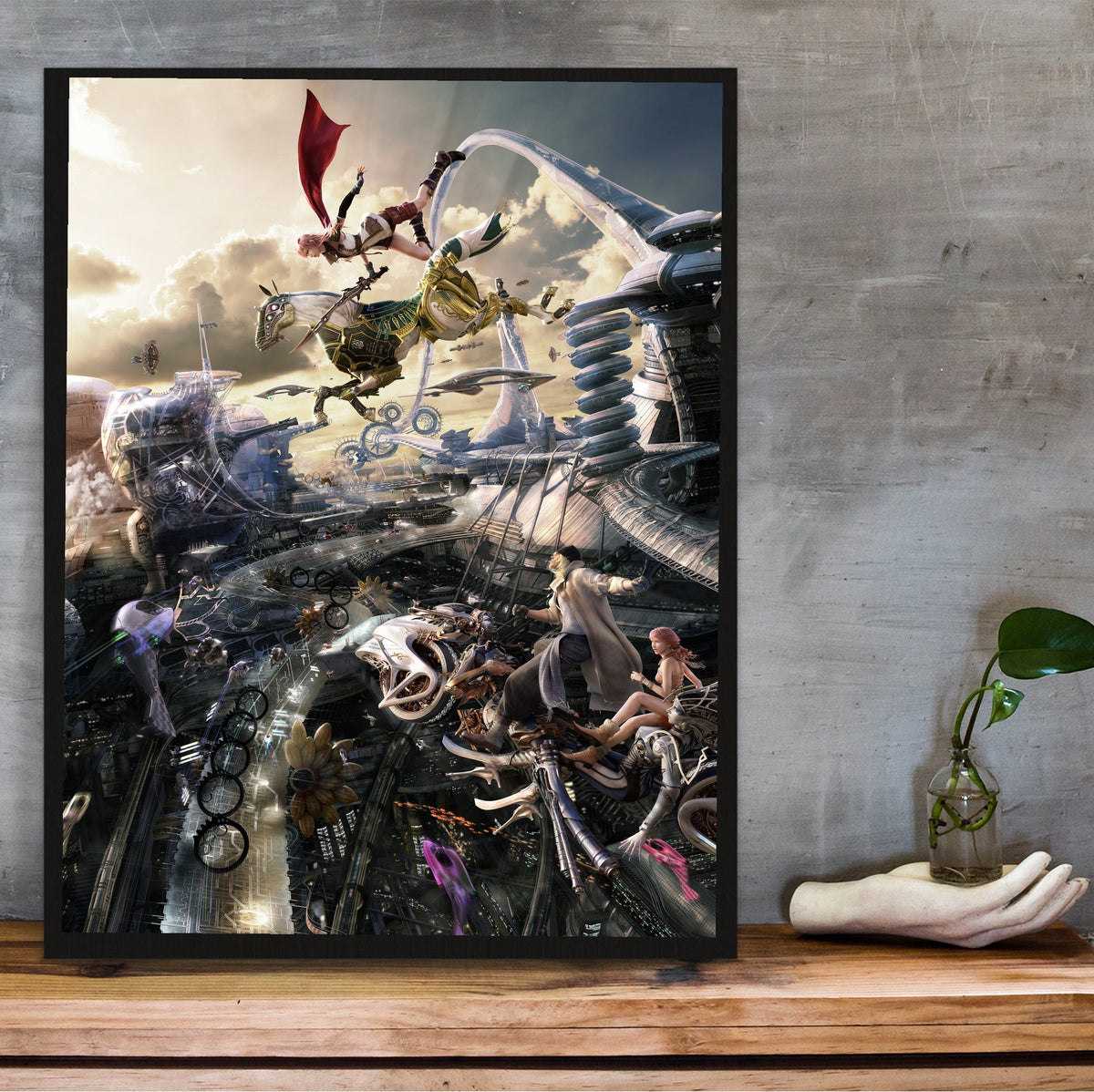 Final Fantasy XIII Lightning and Odin poster in a black frame on a wooden shelf against concrete