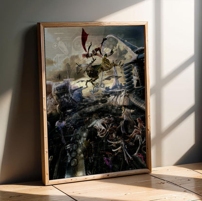 Final Fantasy XIII Lightning and Odin poster in an oak frame leaning on a wooden floor