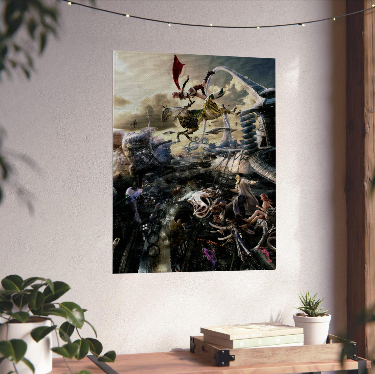 Final Fantasy XIII Lightning and Odin poster unframed on a white wall above a desk