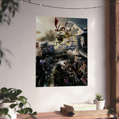 Final Fantasy XIII Lightning and Odin poster unframed on a white wall above a desk