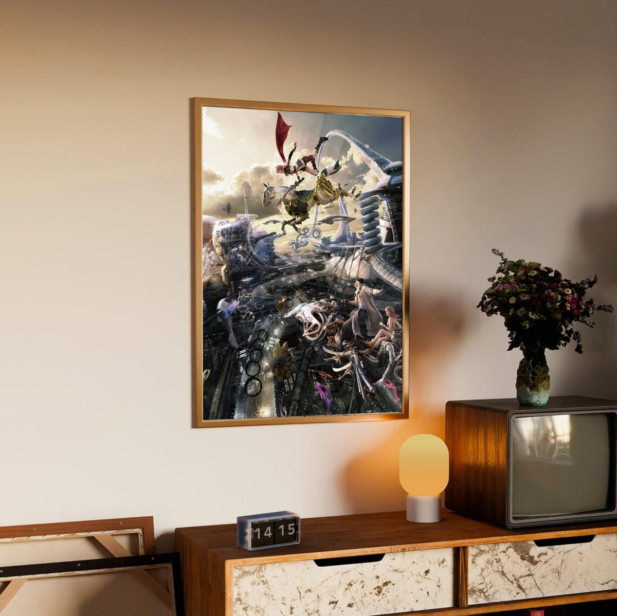 Final Fantasy XIII Lightning and Odin poster in an oak frame above a sideboard