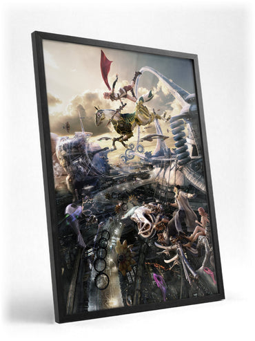 Final Fantasy XIII Lightning and Odin poster in a black frame with glass leaning against a wall
