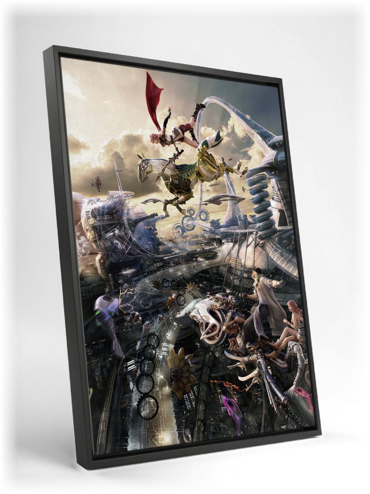 Final Fantasy XIII Lightning and Odin as a black floater framed canvas leaning against a wall