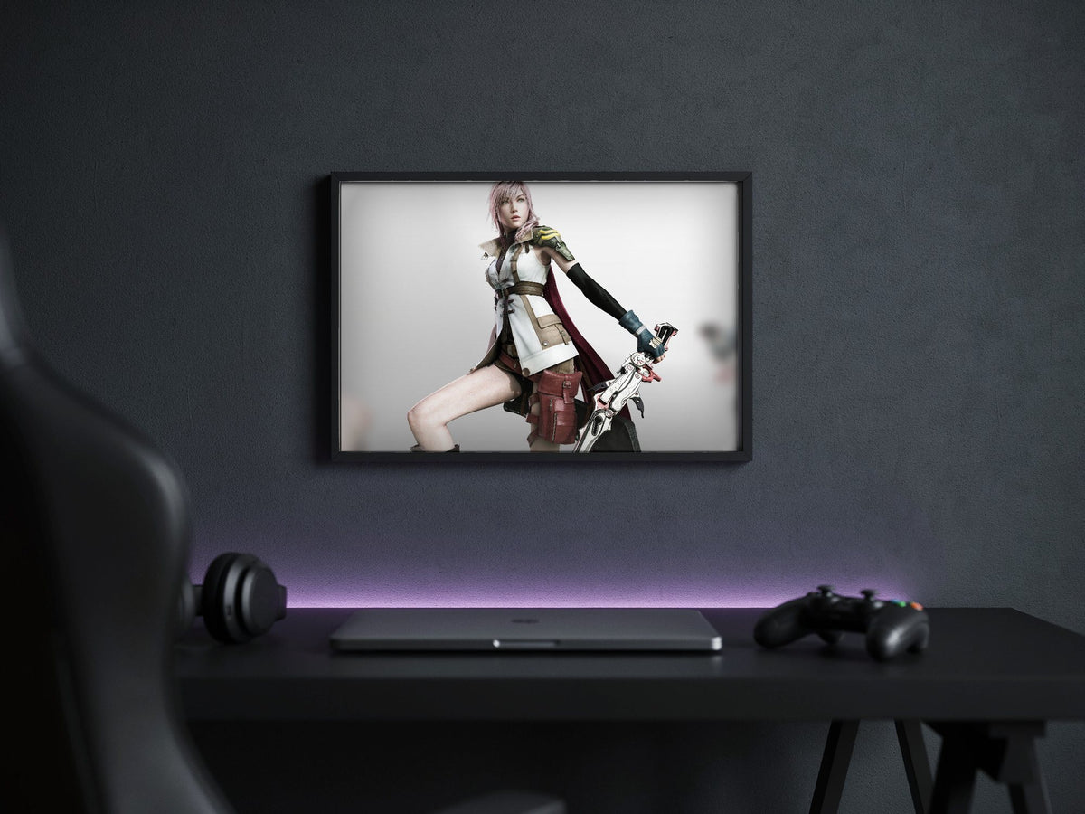 Final Fantasy XIII Lightning Cover Art poster in a black frame above a gaming desk (horizontal)