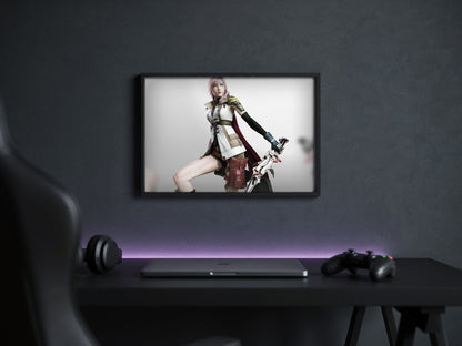 Final Fantasy XIII Lightning Cover Art poster in a black frame above a gaming desk (horizontal)