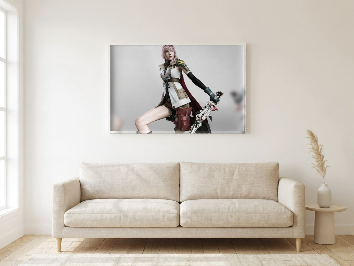 Final Fantasy XIII Lightning Cover Art poster in a white frame in a living room (horizontal)